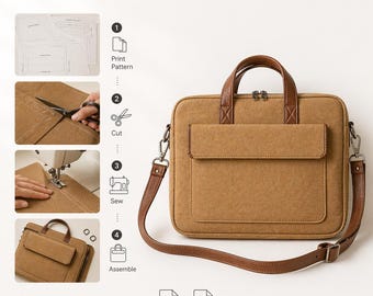 Naaipatroon laptoptas pdf | Patroon canvas aktetas werktas | Zelfverzekerde tassen naaien voor beginners | Schoudertas van imitatieleer | A4 A0