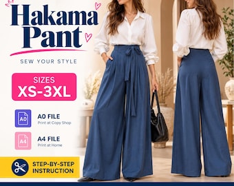 Hakama Pants Sewing Pattern PDF | Wide Leg Pants Pattern | High Waist Pleated Pants | Palazzo Pants Pattern | Beginner Trouser Pattern