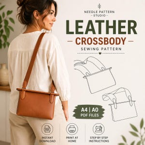 May include: A woman wearing a brown leather crossbody bag. The bag has a long strap and a rectangular shape. The image includes text that reads "LEATHER CROSSBODY SEWING PATTERN" and "INSTANT DOWNLOAD".
