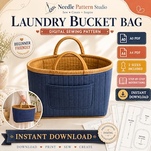 May include: A digital sewing pattern for a laundry bucket bag by Needle Pattern Studio. The design features a quilted navy blue exterior with a tan interior and two handles. Includes A0 and A4 PDF files, two sizes, and step-by-step instructions.