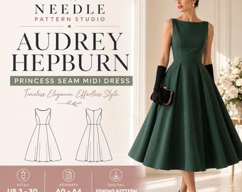 Fit & flare-jurk naaipatroon pdf | Audrey Hepburn-stijl | Midi-jurk met prinsessennaad | Mouwloos boothals | XS-4XL direct downloaden