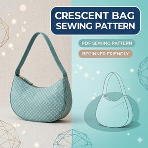 以下が含まれることがあります： ゴールドのジッパーとマッチするハンドルが付いた、ティール色の三日月型のバッグ。バッグには、繰り返しの幾何学模様があります。画像には「CRESCENT BAG SEWING PATTERN」、「PDF SEWING PATTERN」、「BEGINNER FRIENDLY」というテキストが含まれています。