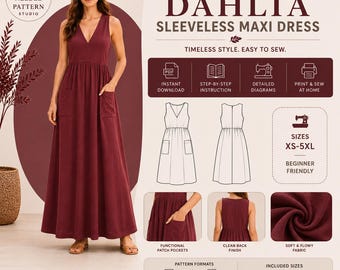 Patrón de costura en PDF para vestido maxi sin mangas Dahlia / Falda fruncida de talle alto con bolsillos de parche / Vestido de verano / Patrón de vestido con cremallera invisible