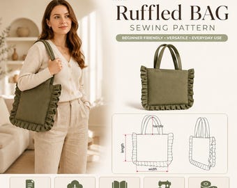 Patrón de costura para bolso tote con volantes / Patrón PDF para bolso con volantes / Patrón de costura para principiantes / Bolso tote de mercado con volantes / Descarga digital / 2 tallas M-L
