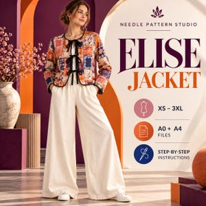Puede incluir: Una chaqueta de manga larga con un patrón de patchwork multicolor, con cuello redondo y tres lazos de cinta negra. El texto dice Needle Pattern Studio Elise Jacket, XS-3XL, A0 + A4 Files y Step-by-Step Instructions.