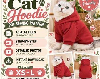 Cat Hoodie Sewing Pattern PDF | Cat Clothes Pattern | Pet Hoodie Pattern | Kitten Sweater Sewing Pattern | Easy Pet Clothing Pattern