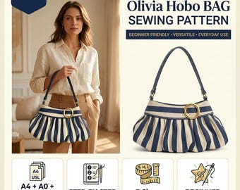 Patrón de costura en PDF / Bolso fruncido Olivia / Patrón de bolso de mano / Descarga instantánea / Bolso boho fruncido en 3 tamaños / Anillo decorativo / Descarga digital