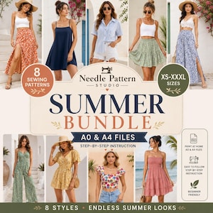 May include: A digital sewing pattern bundle titled Needle Pattern Studio Summer Bundle featuring eight clothing styles including dresses, skirts, jumpsuits, and tops. The document includes A0 and A4 files with step-by-step instructions for sizes XS-XXXL.