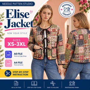 Könnte beinhalten: Ein Schnittmuster für die Elise-Jacke mit einem Patchwork-Design aus floralen und geometrischen Mustern in Grün, Rot und Schwarz. Die Jacke hat einen Rundhalsausschnitt, drei Bindebänder an der Vorderseite und zwei aufgesetzte Taschen mit schwarzer Einfassung.