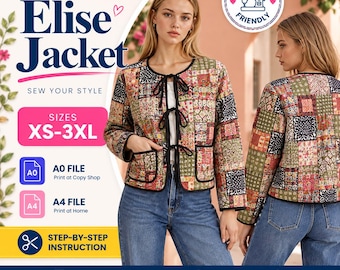 Elise Jacket Sewing Pattern PDF | Quilted Tie Front Jacket Pattern | Patchwork Quilt Coat Pattern | Beginner Sewing Pattern