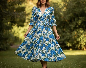 Vintage Wrap Dress Sewing Pattern PDF, Pleated Skirt Dress Pattern, Puff Sleeve Dress, Women’s Sewing Pattern UK 6–22, Printable PDF