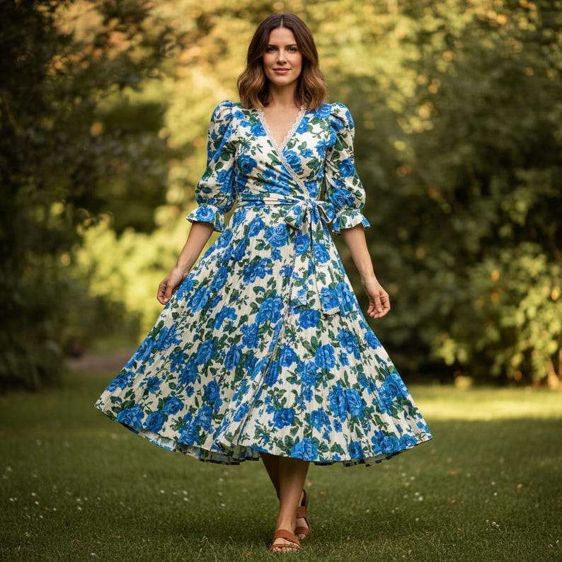 May include: A floral wrap dress in blue and white, with a V-neck and short sleeves. The dress features a tie waist and a pleated skirt, falling to the knees. The model is wearing brown sandals. The dress is suitable for a summer occasion.