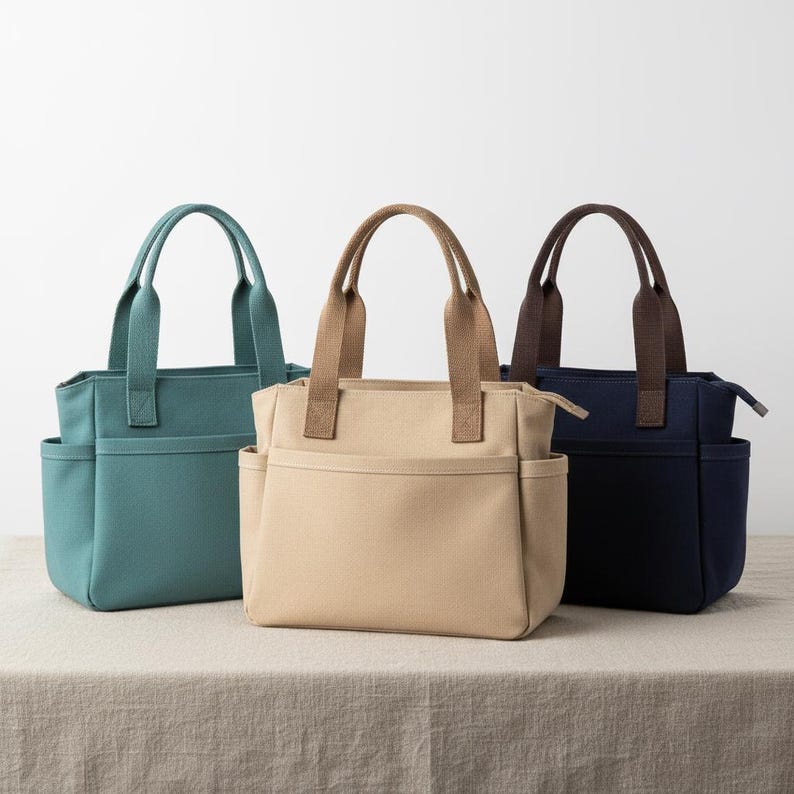 May include: Three canvas tote bags in teal, beige, and navy blue. Each bag has a rectangular shape, two side pockets, and a top handle. The beige bag has tan handles, while the teal and navy bags have matching handles.