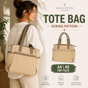 May include: A beige tote bag with brown accents and handles. The bag has two exterior pockets and a zipper closure. The image includes the text "TOTE BAG - SEWING PATTERN" and "A4 | AO PDF FILES".