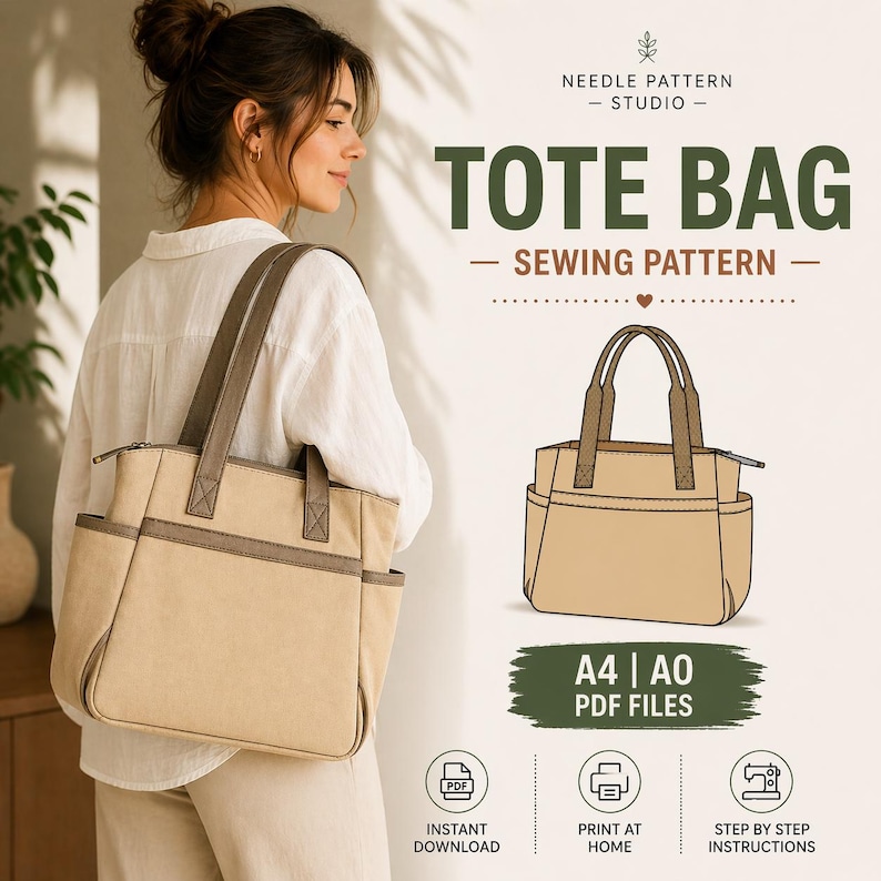 Tote Step File Tote Bag PDF Sewing Pattern | Structured Tote With Pockets | A4 & A0 ...