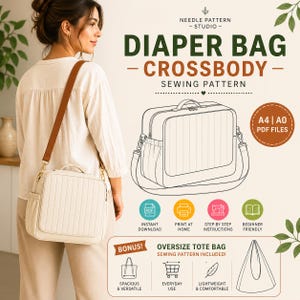 Può includere: Modello di cucito per borsa fasciatoio a tracolla color crema. La borsa ha una forma rettangolare con linee cucite verticali, una tasca laterale e un cinturino marrone. L'immagine include il testo "Diaper Bag - Crossbody - Sewing Pattern".
