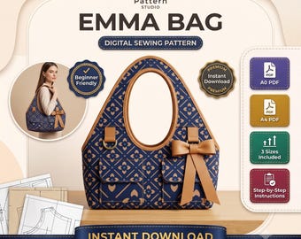 Patrón de costura para bolso tipo cubo / Patrón PDF para bolso Emma / Patrón para bolso cruzado / Patrón para bolso con cordón / Patrón de bolso para principiantes / Patrón de bolso DIY