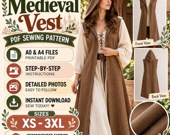 Medieval Vest Sewing Pattern PDF | Hooded Vest Pattern | Long Sleeveless Vest Pattern | Renaissance Costume Pattern | LARP Cosplay Vest PDF