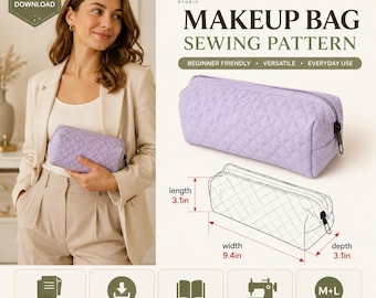 Patrón de costura para neceser de maquillaje / Patrón de neceser acolchado / Patrón de estuche con cremallera en PDF / Neceser cuadrado / Patrón de costura para principiantes / Instantáneo