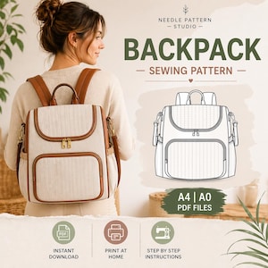 Puede incluir: Una mochila beige con detalles y correas de cuero marrón. La bolsa tiene forma rectangular con cierre de solapa y múltiples bolsillos. La imagen también incluye un dibujo lineal de la mochila y el texto "BACKPACK - SEWING PATTERN".