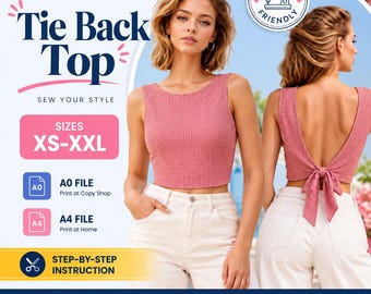 Tie Back Top Sewing Pattern | Backless Crop Top Pattern | Open Back Tank Top Pattern | Easy Beginner Top Pattern | Women's Sewing Pattern