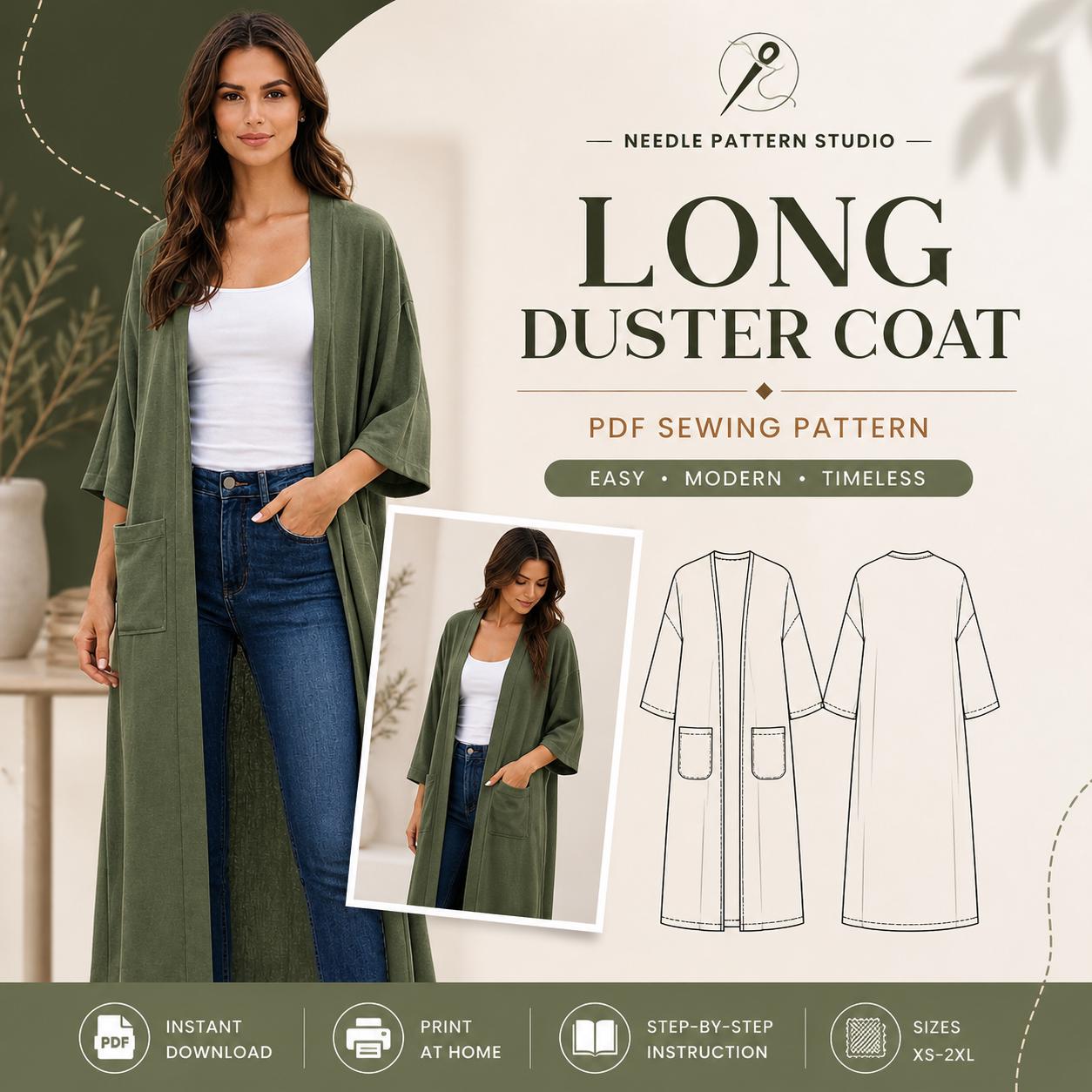 Women's Duster Coat Sewing Pattern | Relaxed Kimono Jacket With Pockets ...