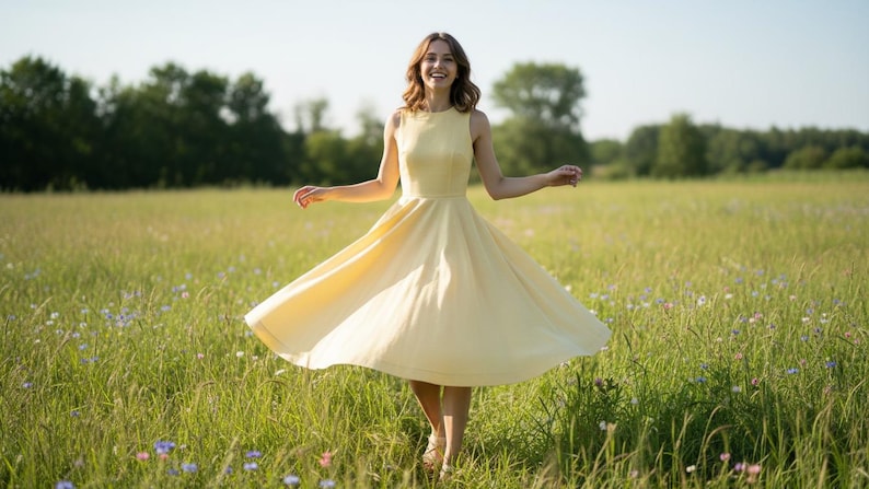 May include: A pale yellow sleeveless dress with a full skirt. The dress is worn by a person in a field of tall green grass and wildflowers. The person is smiling with their arms outstretched.