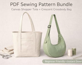 Canvas Shopper Tote + Crescent Crossbody Bag PDF Sewing Patterns (Digital Download)