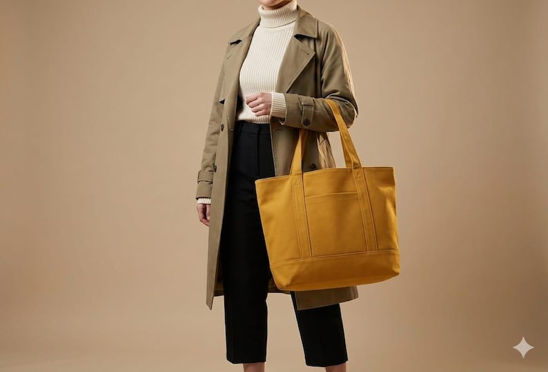 K&ouml;nnte beinhalten: Eine Person tr&auml;gt einen beigefarbenen Trenchcoat, eine schwarze Hose und einen cremefarbenen Rollkragenpullover und h&auml;lt eine senfgelbe Tragetasche. Die Tragetasche hat eine rechteckige Form mit einer Vordertasche und zwei Griffen.