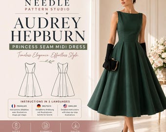 Patrón de costura en PDF para vestido entallado y con vuelo / Estilo Audrey Hepburn / Vestido midi con costura princesa / Escote barco sin mangas / Tallas XS-4XL Descarga instantánea