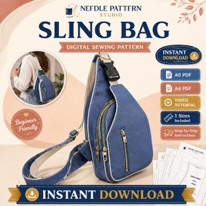 Könnte beinhalten: Ein digitales Schnittmuster für eine Umhängetasche von Nefdle Pattfrn Studio. Die Tasche verfügt über ein Hauptfach, eine vordere Reißverschlusstasche, eine schwarze Kunststoffschnalle und einen verstellbaren Riemen. Enthält A0- und A4-PDF-Dateien, ein Video-Tutorial und eine Schritt-für-Schritt-Anleitung für ein anfängerfreundliches Projekt.