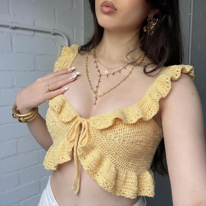 Patroon gehaakte bralette pdf, patroon crop top met ruches, boho gehaakte zomertop pdf, top met stropdas, beginnersvriendelijk, direct downloaden afbeelding 7