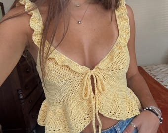 Bralette Häkelmuster PDF, Crop Top Muster mit Rüschen, Boho Sommer Häkeltop PDF, Frontträger zum Binden, Anfänger freundlich, Instant Download