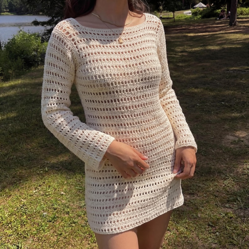 Crochet Backless Mini Dress Pattern PDF, Open Back Long Sleeve Dress, Mesh Crochet, Made to Measure, Instant Download, Summer Outfit image 8