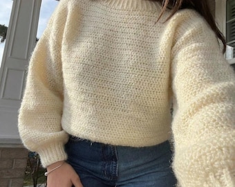 Fluffy Mohair Sweater Crochet Pattern PDF | Oversized Ribbed Pullover| Textured Balloon Sleeve Jumper | Cozy Winter Top Tutorial With Photos
