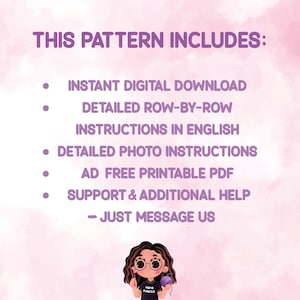 May include: A digital download graphic with the text "THIS PATTERN INCLUDES:" followed by a list of features, including instant download, detailed instructions, and photo instructions. A cartoon image of a person with glasses and yarn is at the bottom.