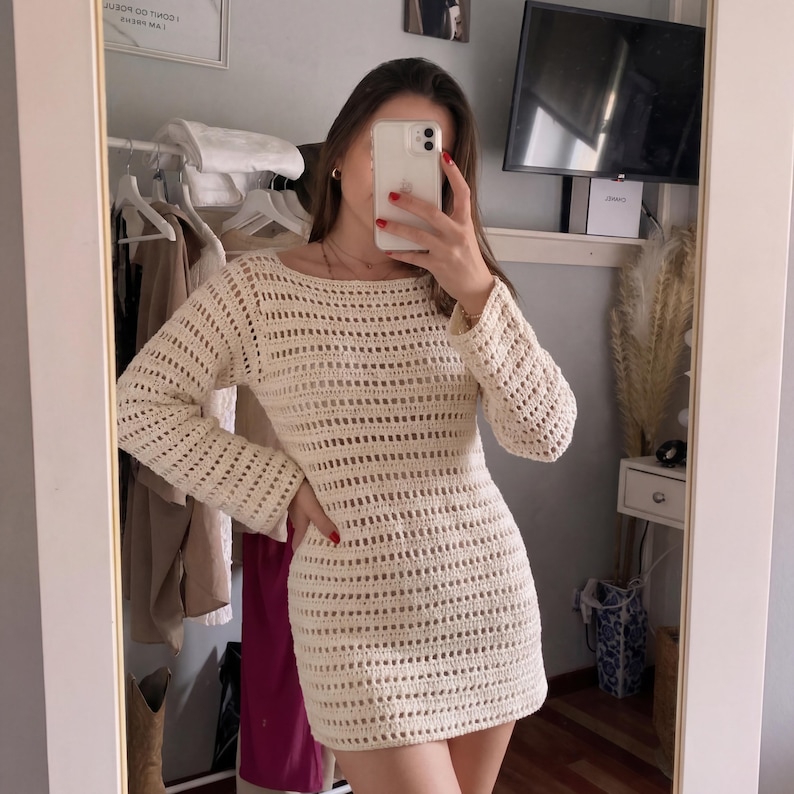 Crochet Backless Mini Dress Pattern PDF, Open Back Long Sleeve Dress, Mesh Crochet, Made to Measure, Instant Download, Summer Outfit image 5