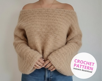 Off-shoulder dikke trui haakpatroon pdf | Trui voor beginners | Zelfstudie gezellig haken voor dames | Digitale download