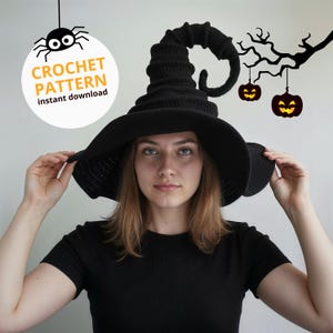 May include: A black crochet witch hat with a wide brim and a pointed, curled top. The hat is being held up by a person. The image includes a spider illustration and the text "CROCHET PATTERN instant download". Decorative jack-o'-lanterns hang in the background.