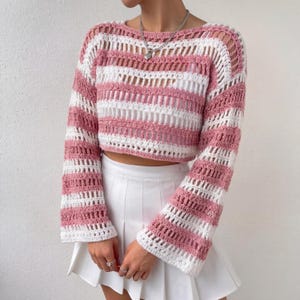 Crochet Mesh Sweater Pattern PDF, Striped Crochet Crop Top Pattern, Open Stitch Summer Crochet Sweater, Made to Measure Crochet Pullover Top