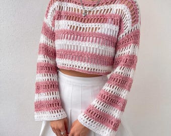 Gehaakte mesh trui patroon pdf, gestreepte gehaakte crop top patroon, open steek zomer gehaakte trui, op maat gemaakte gehaakte trui