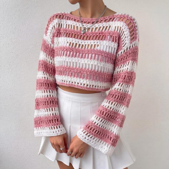 Crochet Mesh Sweater Pattern PDF, Striped Crochet Crop Top Pattern, Open Stitch Summer Crochet Sweater, Made to Measure Crochet Pullover Top