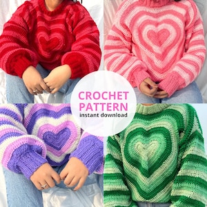 Puede incluir: Cuatro suéteres de ganchillo en rojo, rosa, morado y verde, cada uno con un diseño de corazón. Los suéteres tienen mangas largas y se combinan con vaqueros azules. La imagen incluye el texto "CROCHET PATTERN instant download".