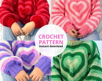 Crochet Heart Sweater Pattern PDF - DIY Cozy Pullover - Valentine’s Day Crochet Sweater - Instant Download Pattern