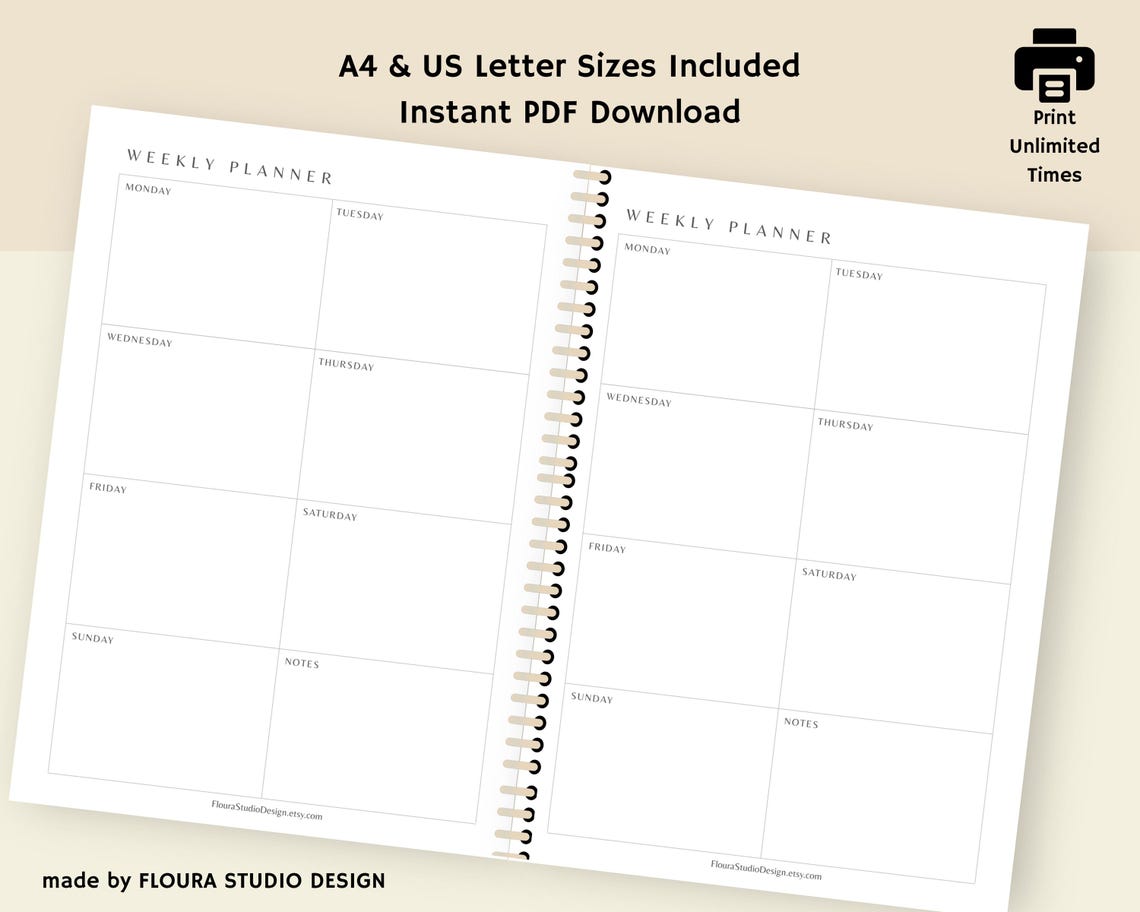 Weekly Planner Printable A4 & A5 – Minimalist One Page Layout Monday to ...