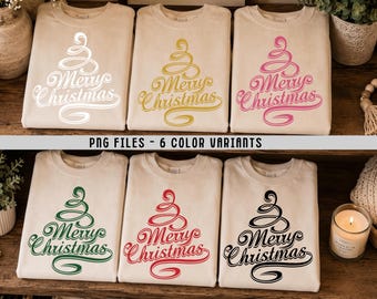 May include: Six beige crewneck sweatshirts, each featuring a stylized Christmas tree graphic and the text Merry Christmas in a different color: white, gold, pink, green, red, and black. The image includes the text PNG FILES - 6 COLOR VARIANTS.