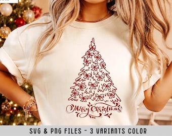 May include: A cream-colored t-shirt featuring a dark red graphic of a Christmas tree decorated with multiple bows. Below the tree, the text Merry Christmas is written in a cursive script. The design is centered on the front of the shirt.