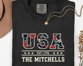Custom usa est. 1776 the family, personalized family name 4th of july shirt, big letter usa tee, patriotic floral sweatshirt, 250 Usa shirt
