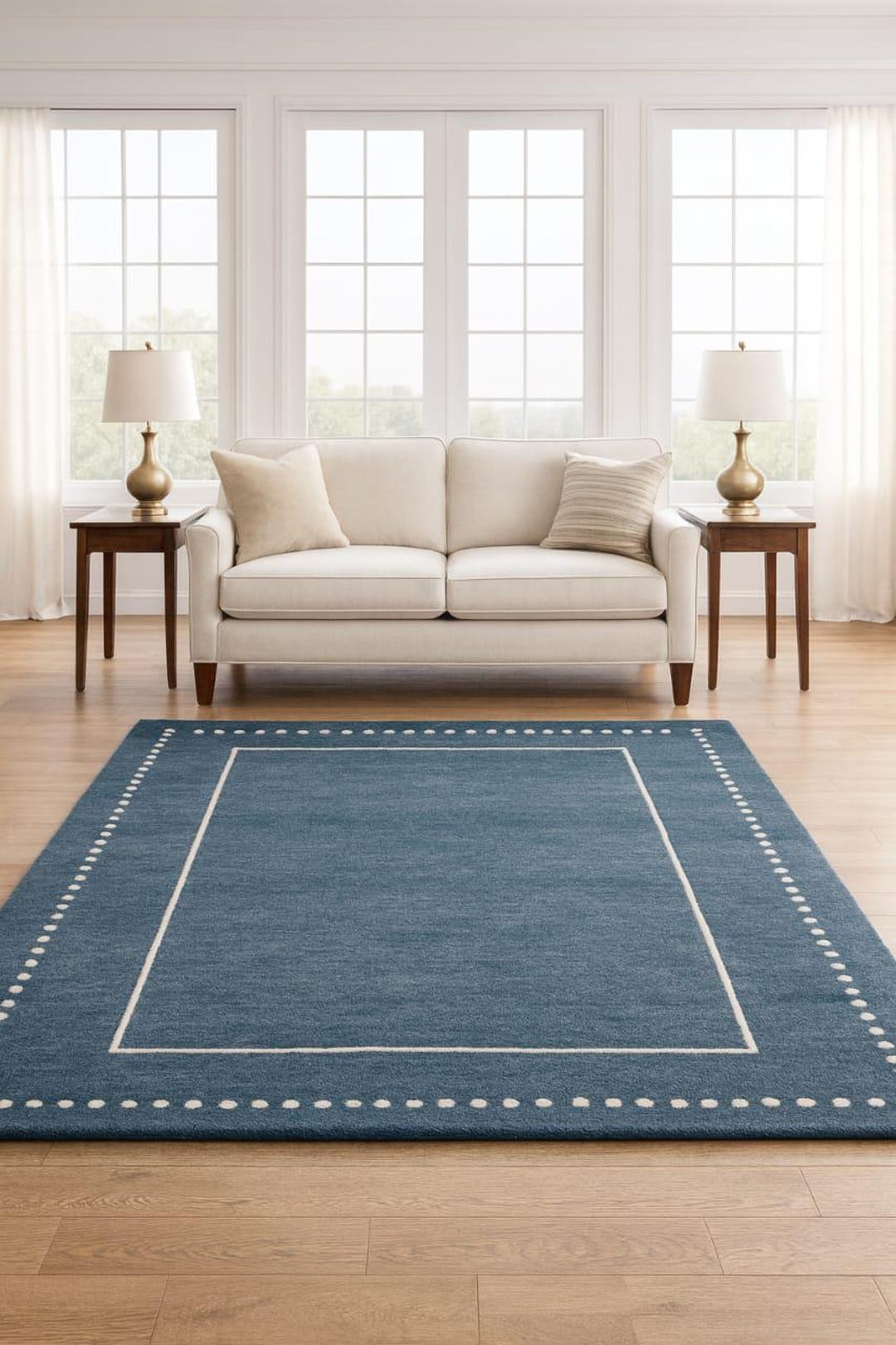 Navy Blue Wool Area Rug | Coastal Style Border Carpet | Hand-tufted ...