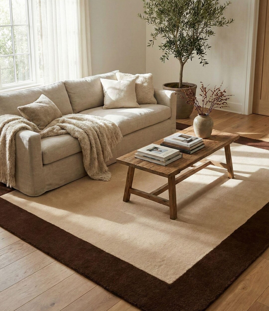 Hand Tufted Wool Area Rug 8x10 Neutral Beige Brown Border Rug, Modern ...